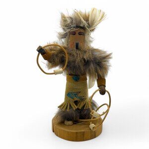 Signed Hopi Native American Kachina Style Hoop Dancer Doll 6" Wood Fur Art
